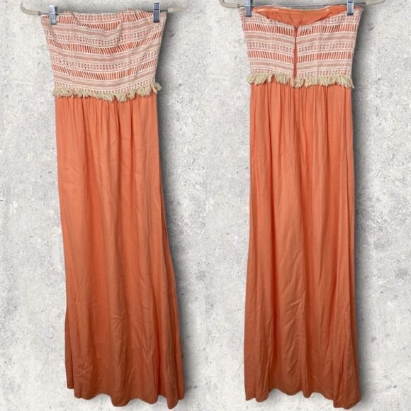 Ella Moss Bohemian Crochet Strapless Maxi Dress Salmon Orange Size XS Boho Raffi - Picture 2 of 13